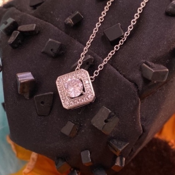 Jewelry - Diamond Solitaire Simulate & Micro Pave  Encased Necklace Silver Chain NEW